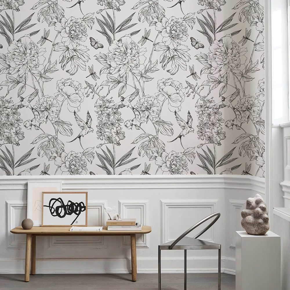 الرجعية خط رسم الأزهار خلفية الأبيض والأسود زهرة PVC خزانة أثاث ملصق خمر الطيور للإزالة جدار ديكور