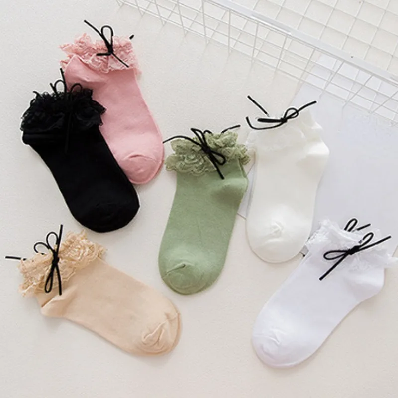 Lovely Retro Lace Socks Harajuku Girls Sweet Cute Ruffle Cotton Bowknot Lace Soft Princess Ankle Socks Meias Short Sox