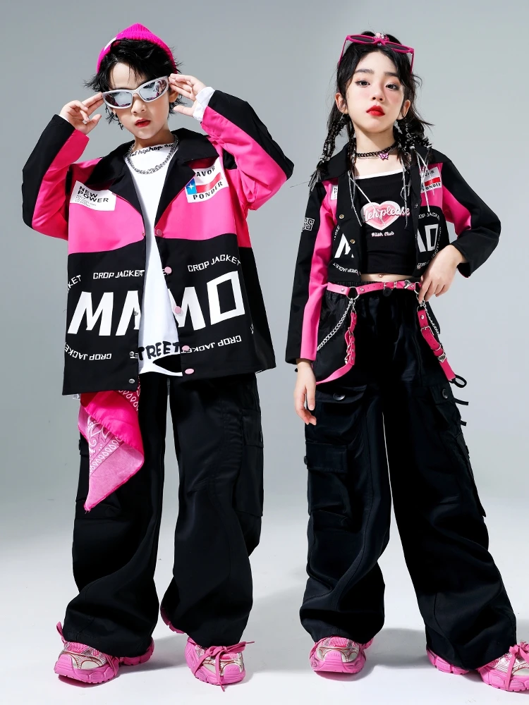 

New Jazz Modern Dance Costumes for Girls Pink Jacket Cargo Pants Suit Teenage Kids Streetwear Boys Hip Hop Dance Clothes Sets