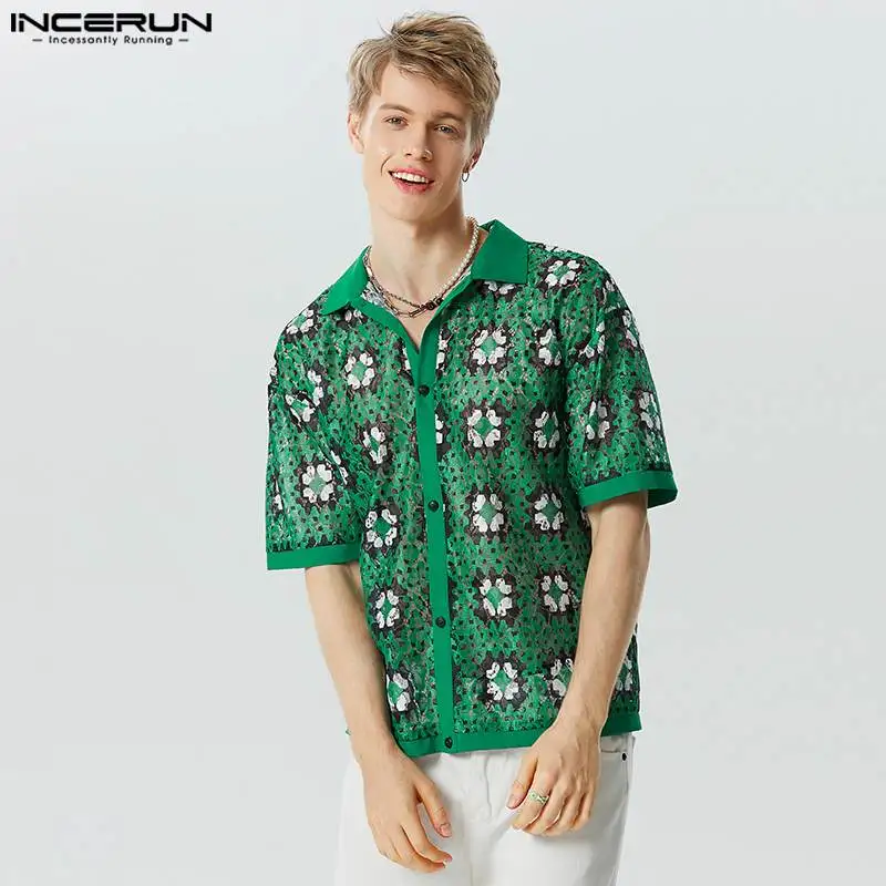 2023 Men Shirt Print Lace Patchwork See Through Lapel Short Sleeve Fashion Button Men Clothing Streetwear Camisas S-5XL INCERUN