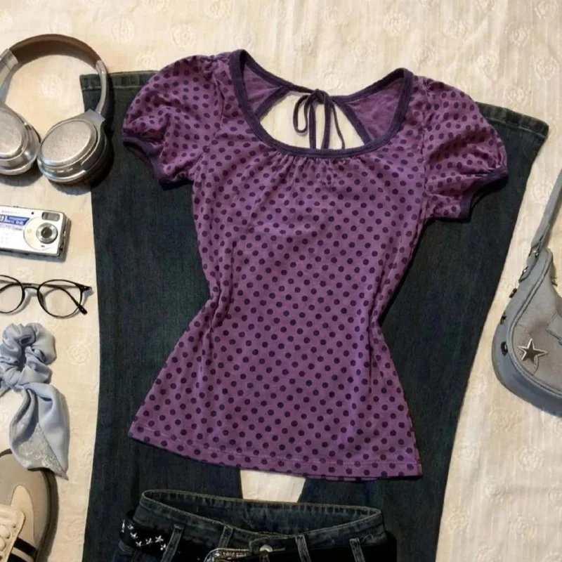 

American Sweet Polka Dot T-shirts Purple Sweet Hollow Band Tees Harajuku Slim Bubble Sleeve Tops Street Retro Fashion Ropa Mujer