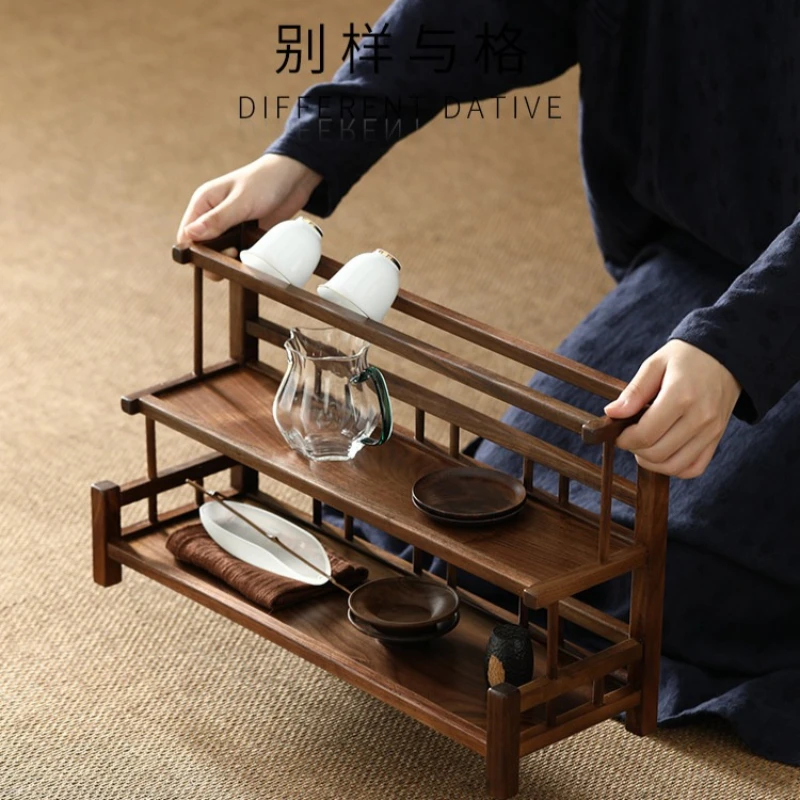 Solid Wood Tabletop Tea Shelf Multi-Layer Teaware Display Rack Chinese Style Tea Cup Teapot Storage Decor Household Organizer