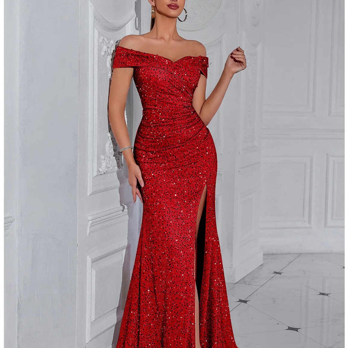 

Вечернее платье iny с блестками и хвостом, новое свадебное платье, трансграничное праздничное платье с разрезом для свадьбы, КТВ