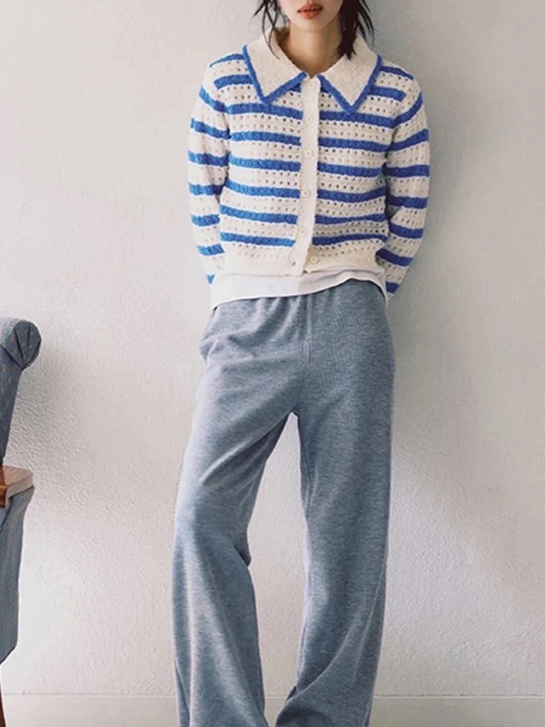 

Романтический полосатый вязаный открытый кардиган с одной пуговицей, дизайн с вырезом, повседневная мягкая шерстяная смесь, длинная свевая мода для женщин