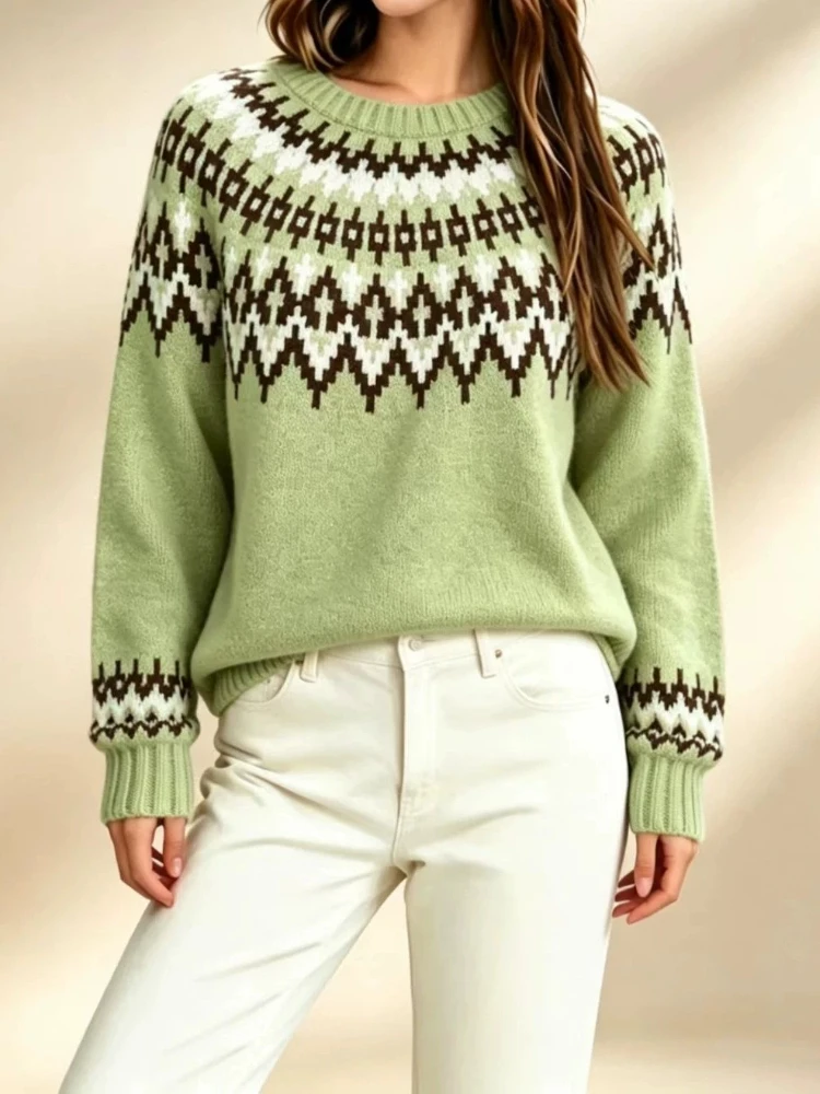Autumn Winter Versatile Fashion Pattern Pullover Sweater Women Knitted Color Block Round Neck Long Sleeve Sweater Pullover
