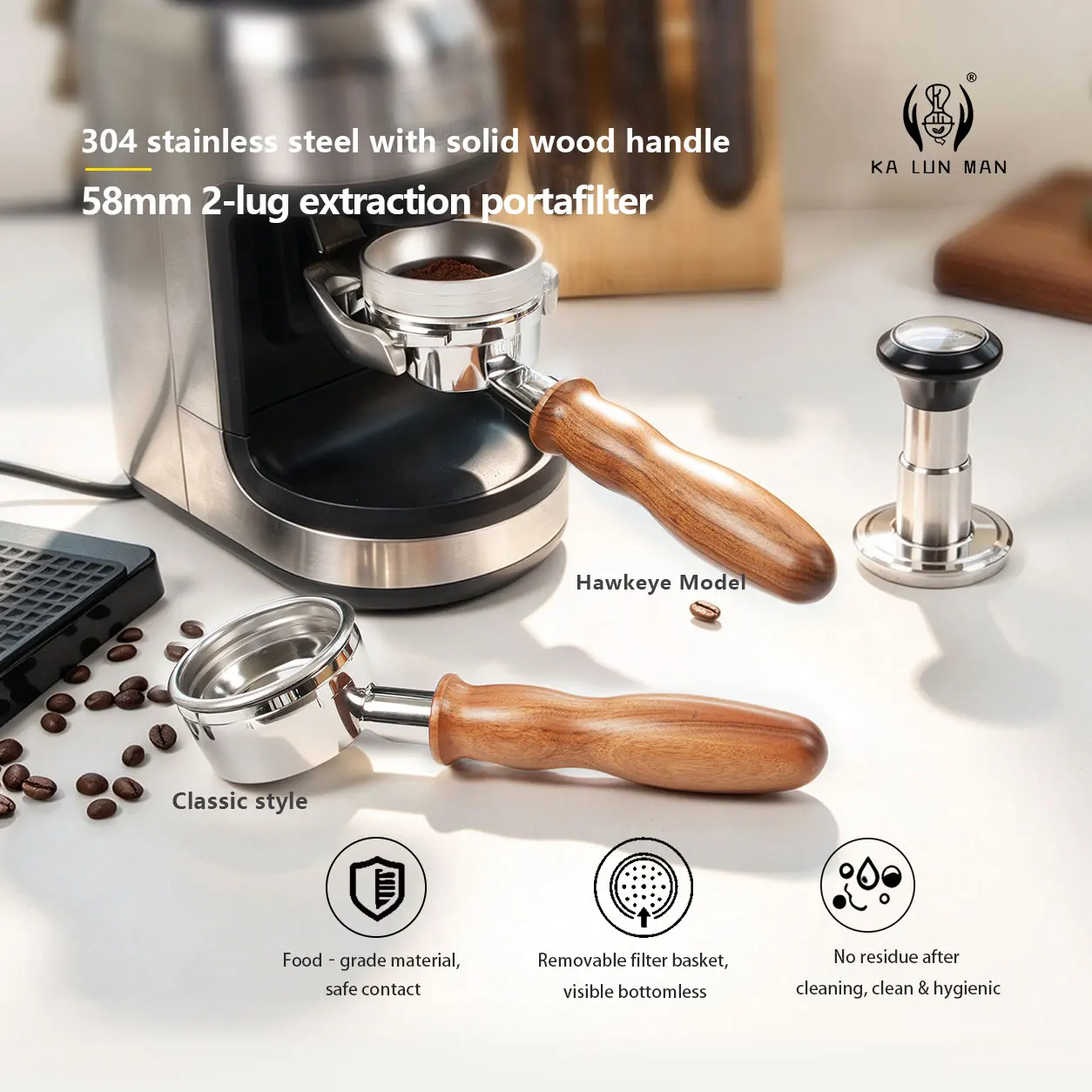 1Pc Espresso Bottomless Portafilte/304 Stainless Steel/2-lug/58mm/Detachable/Compatible Models:Nuova、Black Eagle,White Eagle