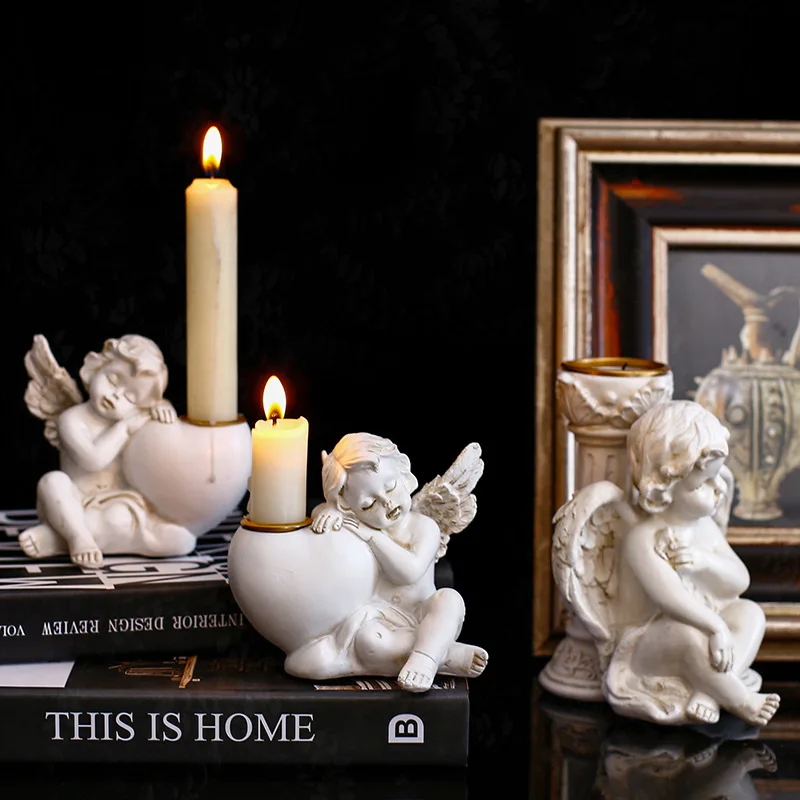 European Retro Old Cupid Angel Candle Holder Resin Ornaments Home Livingroom Desktop Figurines Crafts Hotel Sculpture Decoration