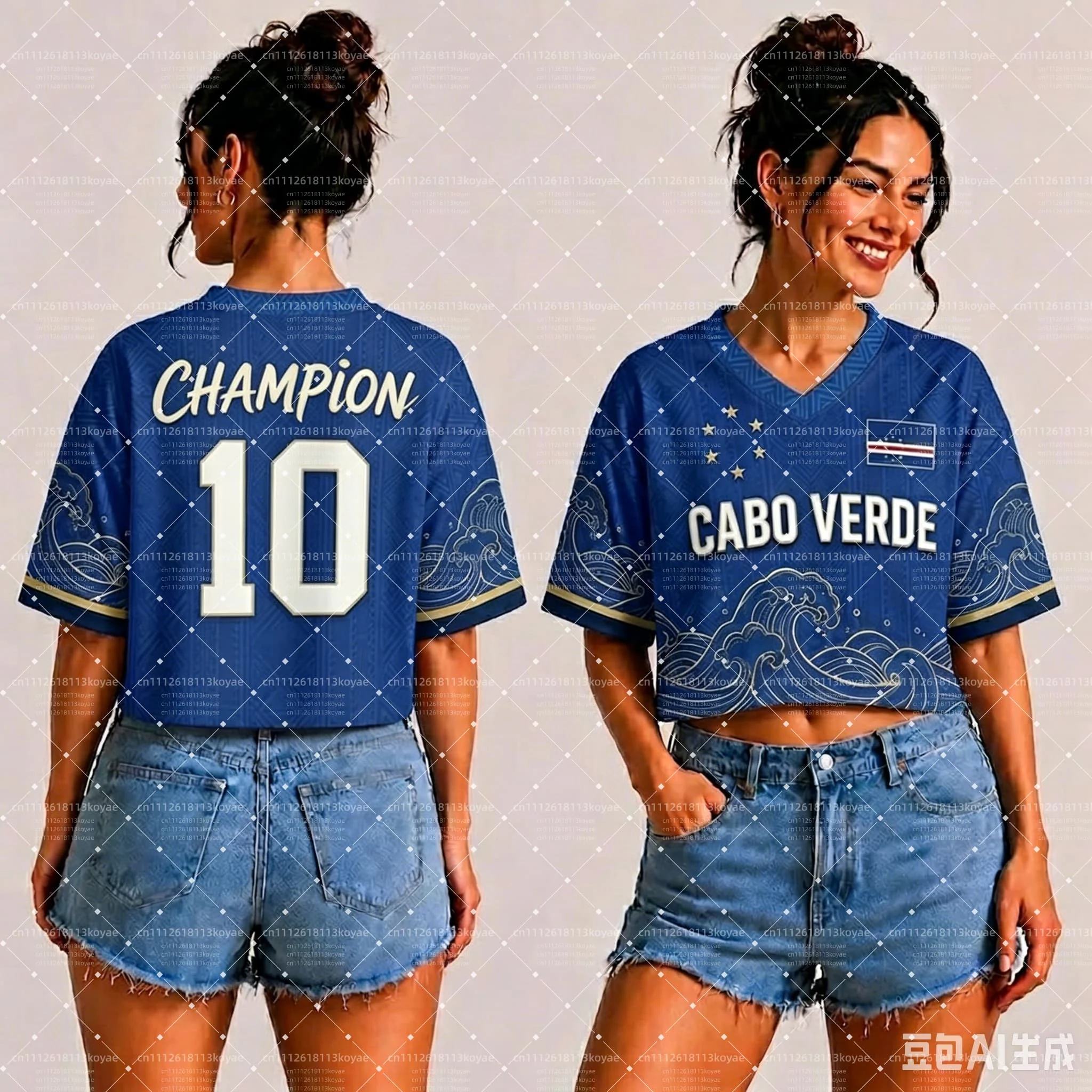 2026 Summer Women's  Cape Verde Inspired V-Neck Crop Top, Breathable Quick Dry Y2K Football Fan T-shirt