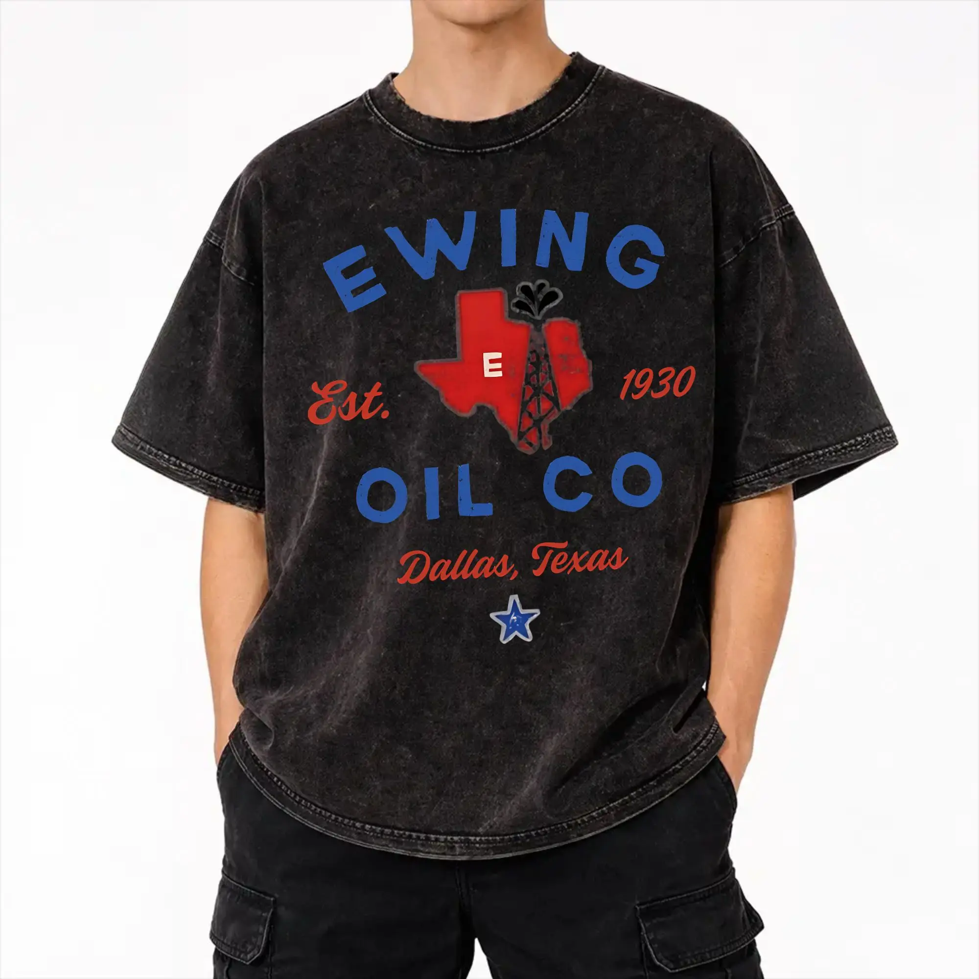 Harajuku Washed Shirts Ewing Oil Co. Dallas 70s TV Show  Outfit Retro T Shirt Oversize  Streetwear Short Sleeve Summer Tees