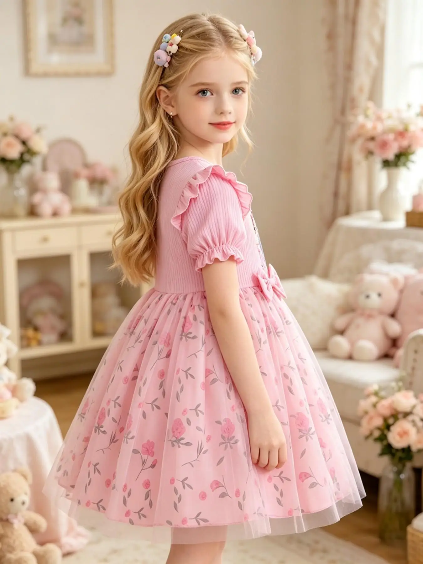 Girls' summer dress featuring a pink ribbed bodice with flutter sleeves and an anime-style girl print, paired with a double-bow,