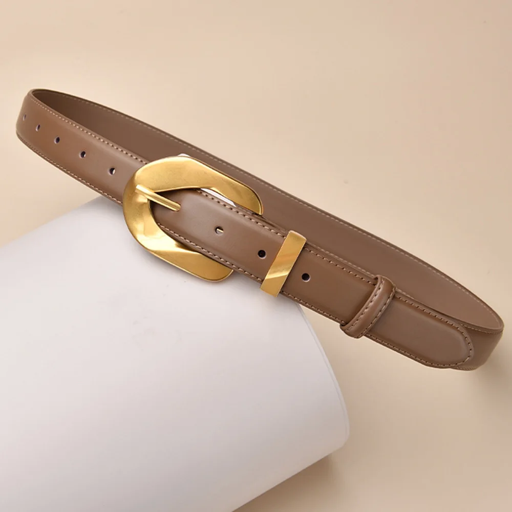 Ladies Real Genuine Leather Gold Retro Style Pin Buckle Belts for Female 2.8cm Width