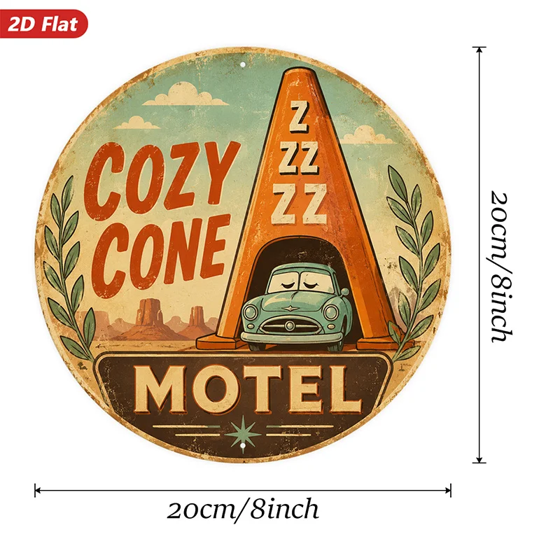 2D Flat, 1pc Cozy Cone Motel Round Metal Sign Wall Art, Sleepy Car Under Orange Cone, Home Decor, Ideal for Corner Study Living
