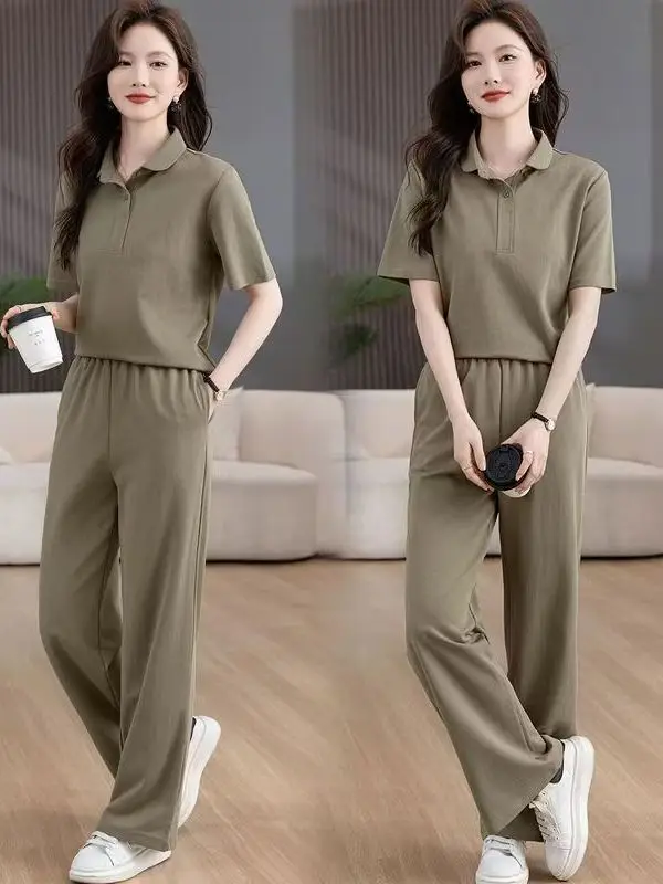 2026 New Casual Sports Set Women Summer  Collar Short Sleeve Top Wide Leg Pants Two Piece Loose Slimming Effect