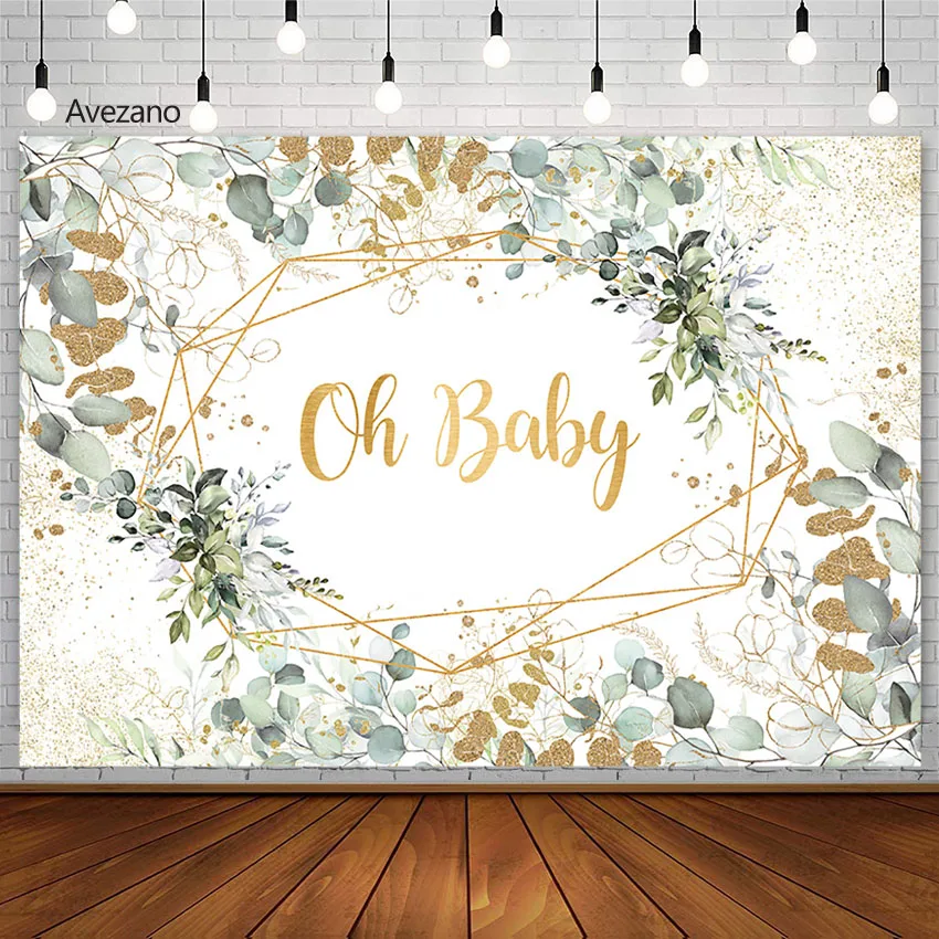 

Oh Baby Shower Backdrop Photography Eucalyptus Leaves Golden Newborn Kids Party Banner Decor Background Photo Studio Photozone