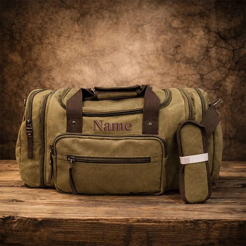 Personalized Custom Embroidery Canvas Duffle Bag Men's Monogrammed Overnight Weekender Expandable Gym Travel Bag Large Capacity