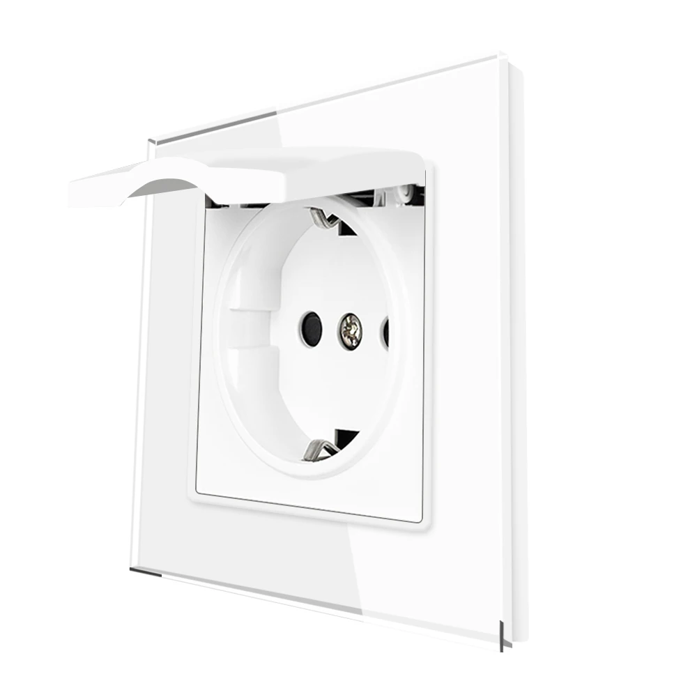 SRAN Wall Electrical Socket with Cover Dustproof, 16A EU Standard Power Outlet with PlastIc Cap 82*82mm Tempered Glass Panel