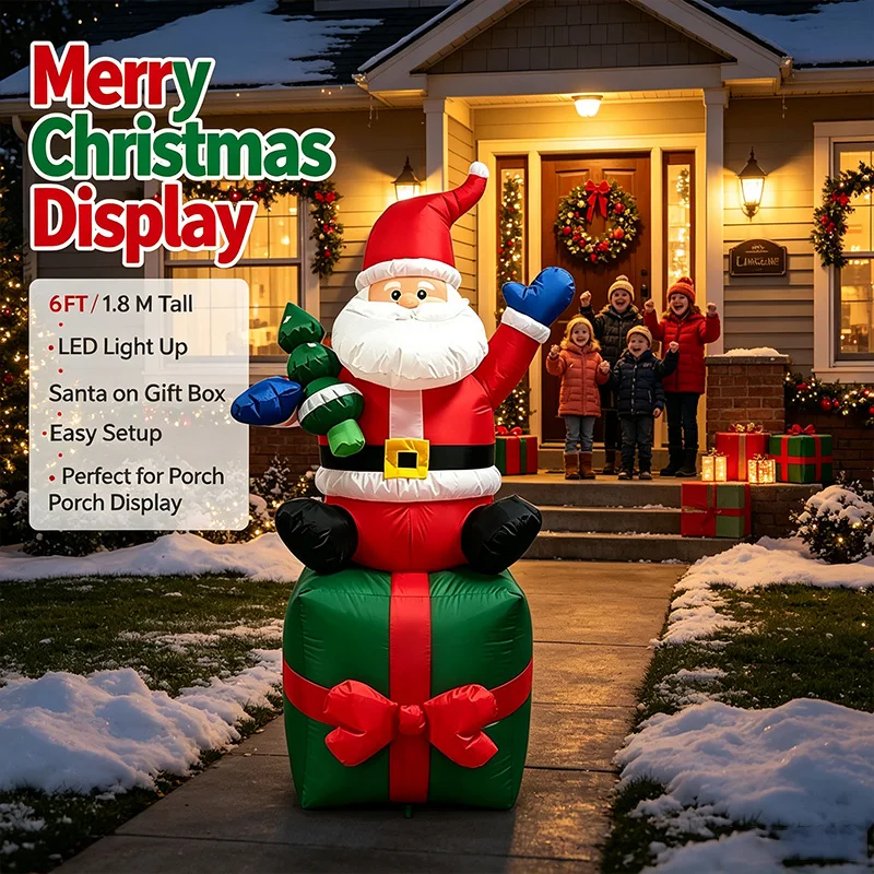1.8M Inflatable Santa Claus Sitting on Gift Box with LED Lights Yard Decor Outdoor Christmas Blow Up Ornament