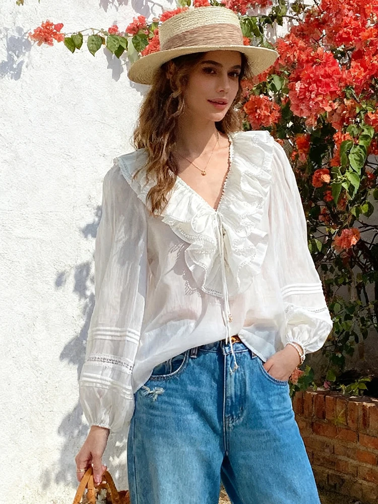 Blusa feminina manga comprida solta fita gravata com decote em v camisa top com alças detalhes para passeios casuais uso diário elegante estilo chique