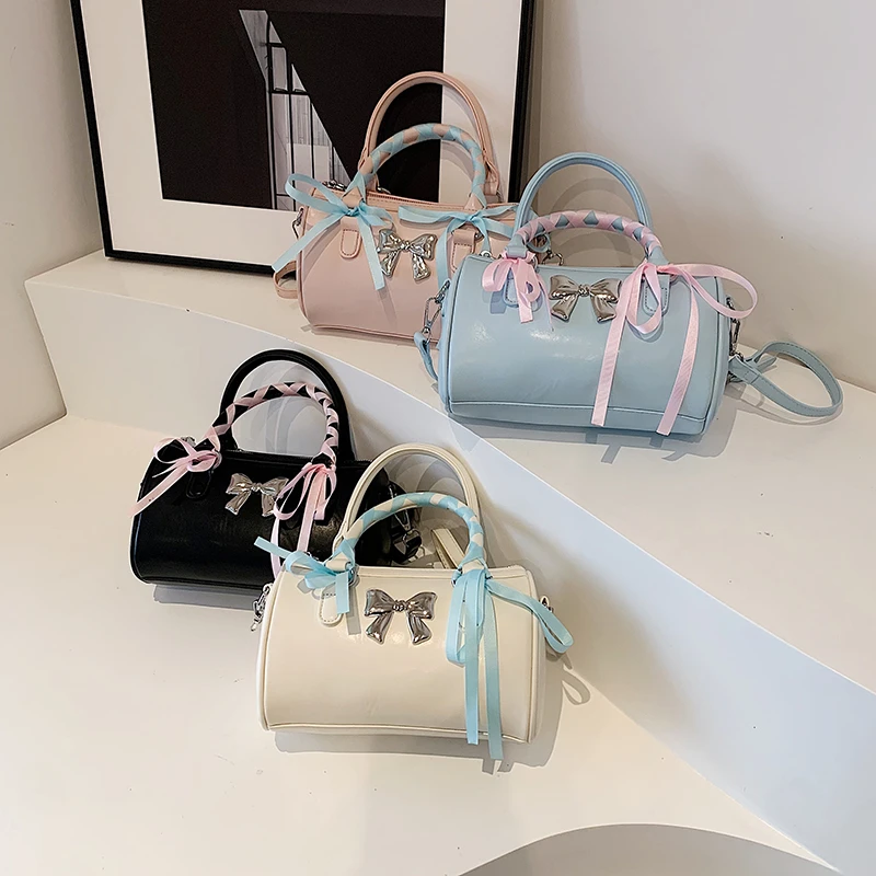 Small Ribbon Design Cute PU Leather Shoulder Bag Handbags Luxury Designer Women 2024 Fashion Solid Color Crossbody Bag