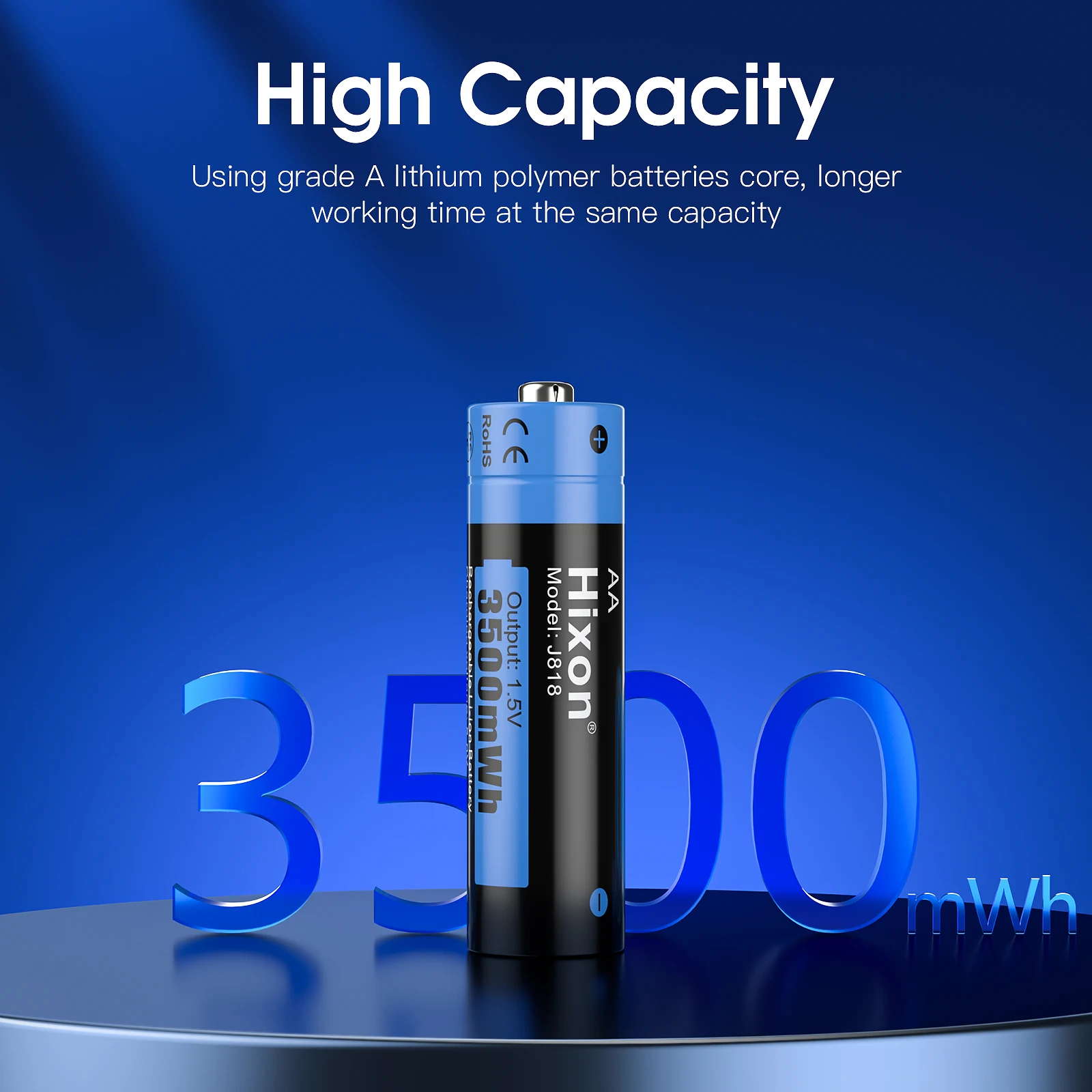 Hixon-Bateria recarregável do Li-íon do AA, baterias de lítio para brinquedos do controle remoto, 1.5V, 3500mWh