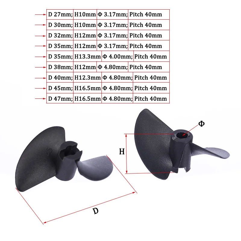 1pc Rc Boat 2 Blades Nylon Propeller Pitch=40mm D27/30/32/35/38/40/45/47mm High Strength Screw for 3.175/4/4.8mm Prop Shaft