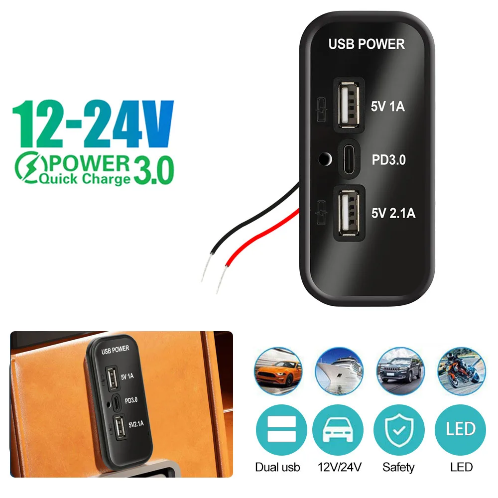 12/24 فولت شاحن سيارة PD Type-C 2.1A 1A المزدوج USB محولات المقبس للدراجات النارية السيارات شاحنة ATV قارب RV حافلة محول الطاقة المخرج