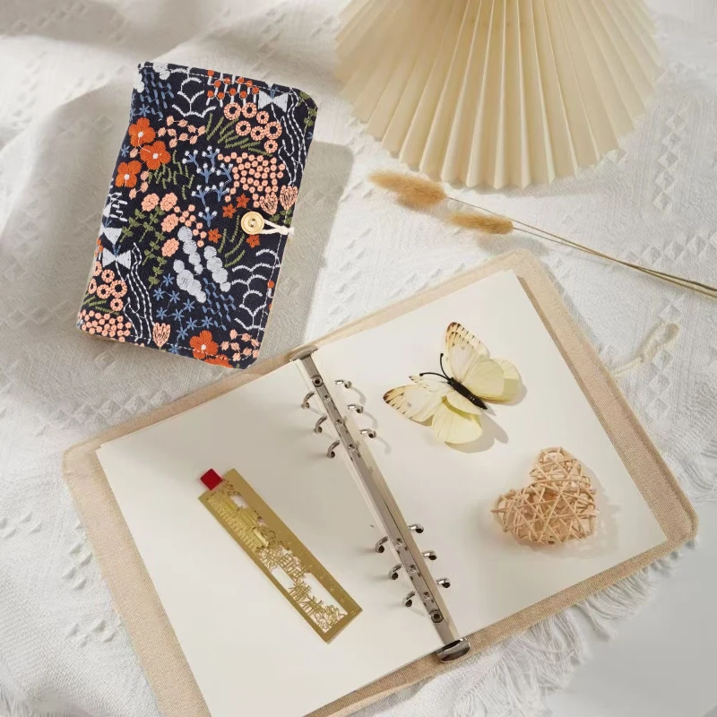 A5/A6 Cotton and Linen Embroidered Cover Loose Leaf Notebook 90 Sheets/180 Pages for Diary Office Student Notes Travel Records