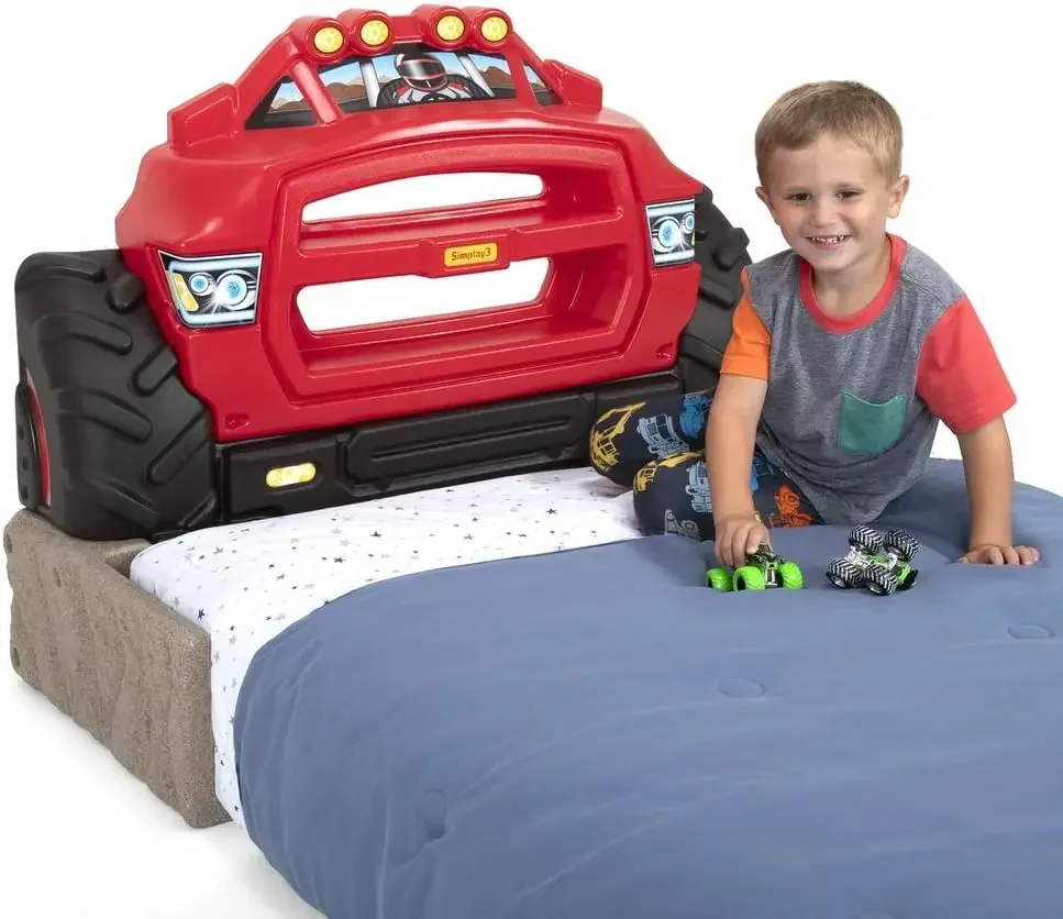 Headboard, Twin Size Plastic Car Bed Headboard for Kids, Toddlers and Boys with Toy Car Storage - Red, Made in USA