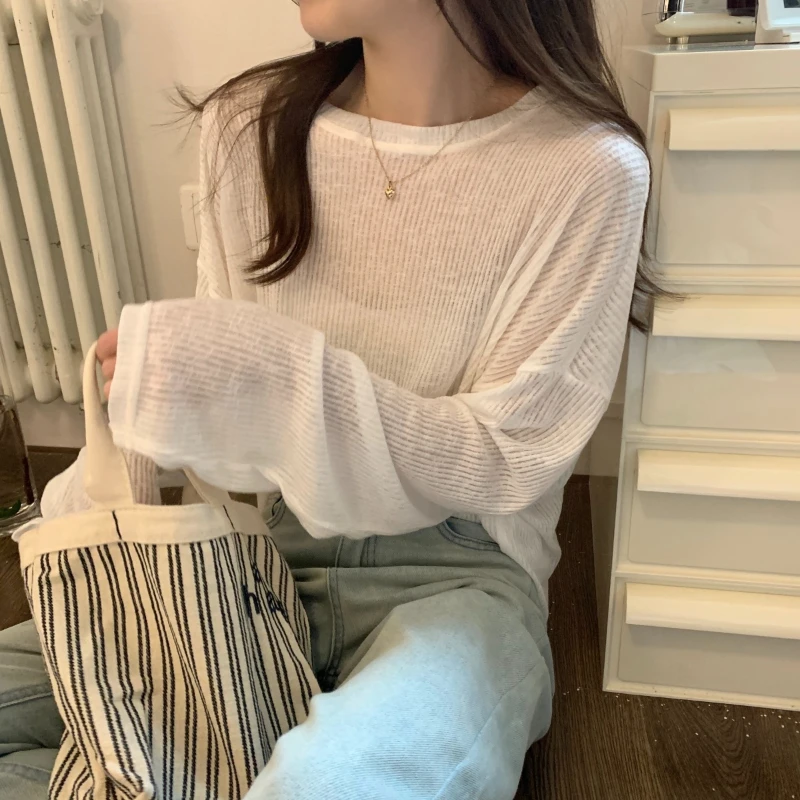 Autumn 2024 Women's New Patchwork Pullover O-Neck Screw Thread Fashion Solid Color Minimalist Casual Versatile Long Sleeve Tops