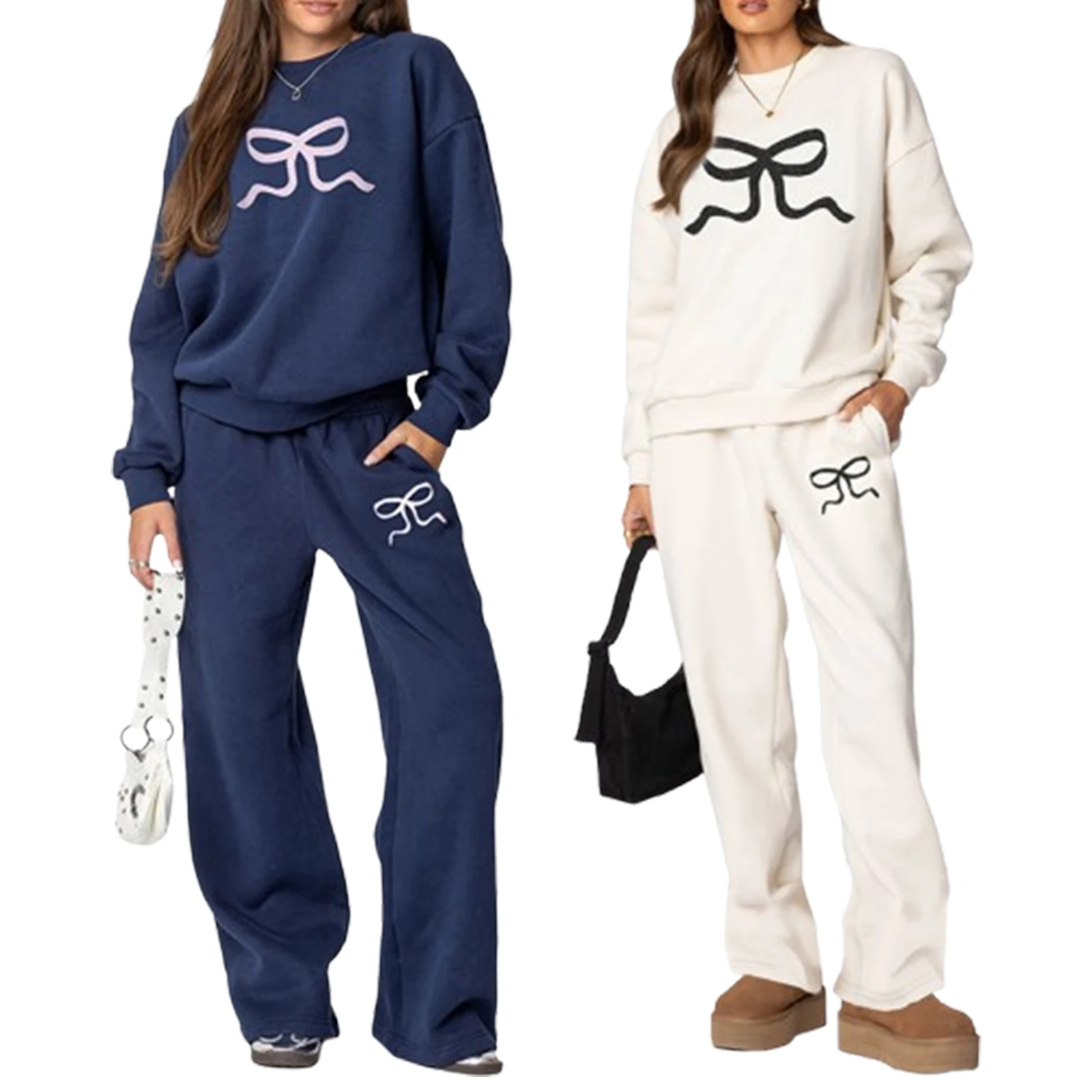 Women Pants Set Bow Print Long Sleeve Solid Color  Crew Neck Hoodie and Sweatpants Set Activewear Set