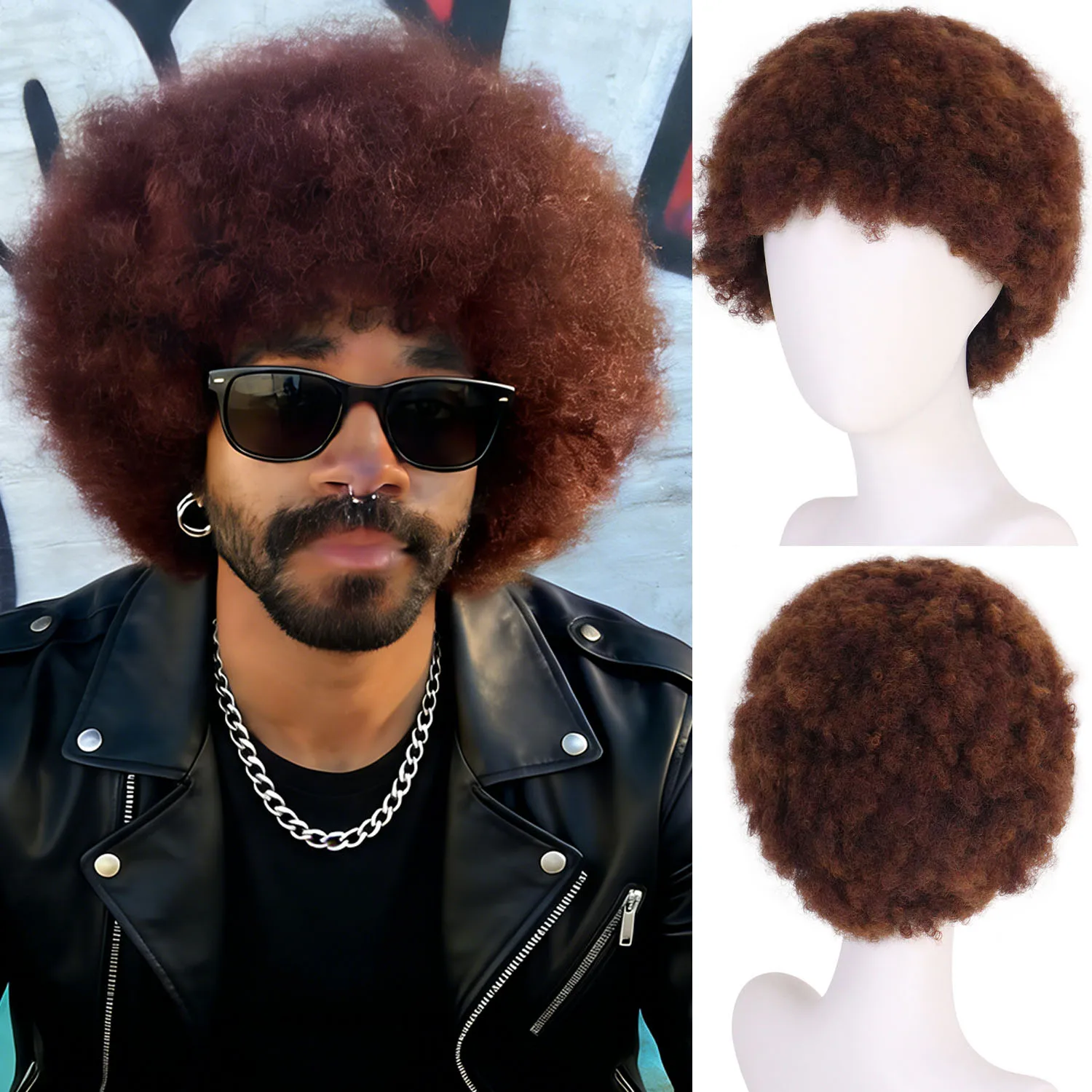 

70S Men’s Afro Wig for Disco Party Synthetic Short Brown Hippie Rocker Wigs for Halloween Cosplay Daily Use Black Men Women Wig