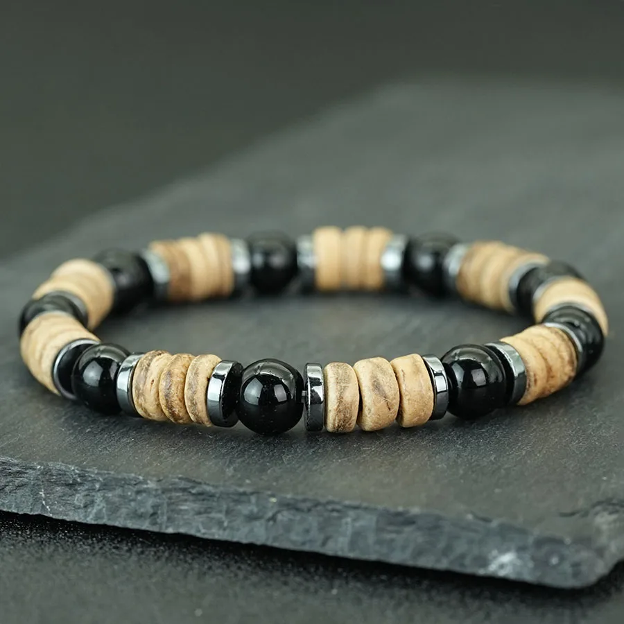 Minimalistisches Herren-Stretch-Armband aus Holz, Obsidian, Onyx, Hämatit, Heilstein-Armband, Böhmischer Yoga-Schmuck, Pulseria Homme Joias