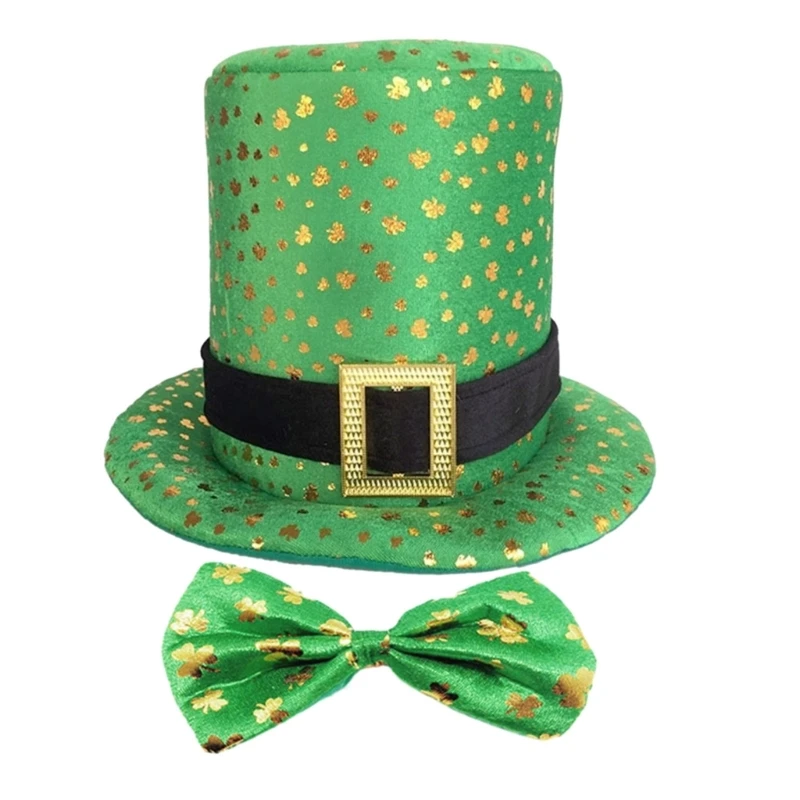 Green Hat for Saint Patrick Day Festival Decor Irish National Day Flat Top Hat Party Supplies Holiday Accessories Bowtie