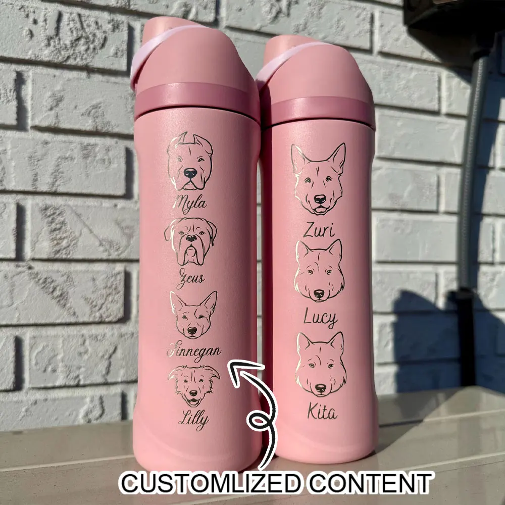 Custom Engraved Multi‑Dog Portrait Pet Name Insulated Water Bottle Stainless Steel Flip Tumbler Gift for Dog Pet Owner Souvenir.