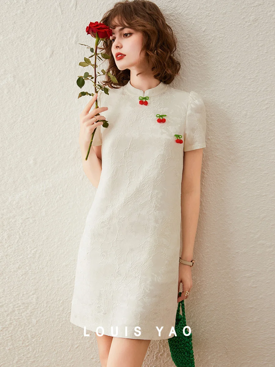 

LOUIS YAO 2025 Summer Chinese Cheongsam Style Women's Skirt Stand up Collar Slimming Dress with Cherry Decorative Buttons
