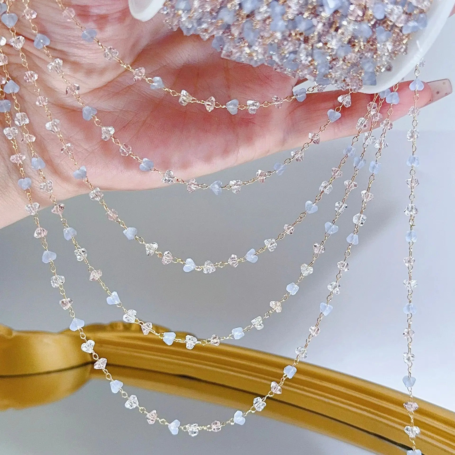 سلسلة تزيين مروحة الهتاف كريستال وردي وأزرق وأبيض لإكسسوارات الشعر بنفسك حجاب الوجه وشرابة الحرفية