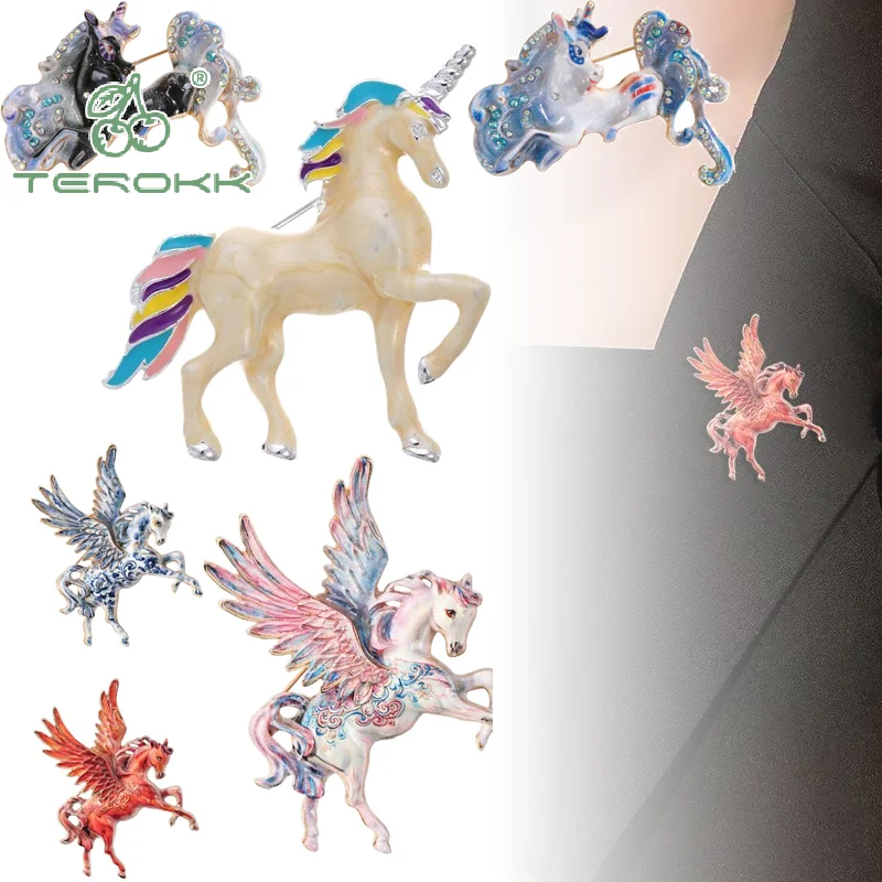 Beautiful Flying Horse Brooches For Women Men Enamel Brooch Pins With Big Wings Elf Pegasus Brooch Pin For Party Office Gifts