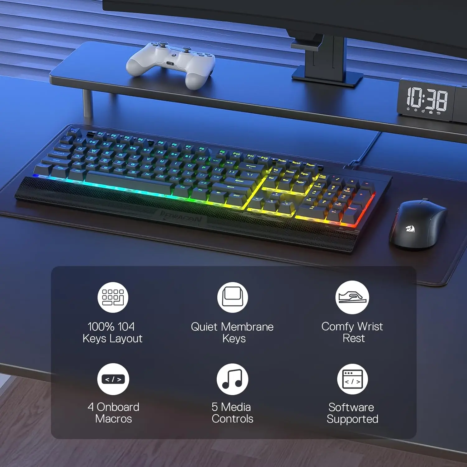 Redragon K525 RVB rétroéclairé 104 touches clavier de jeu à membrane filaire avec 5 touches multimédia et 4 touches macro supplémentaires embarquées