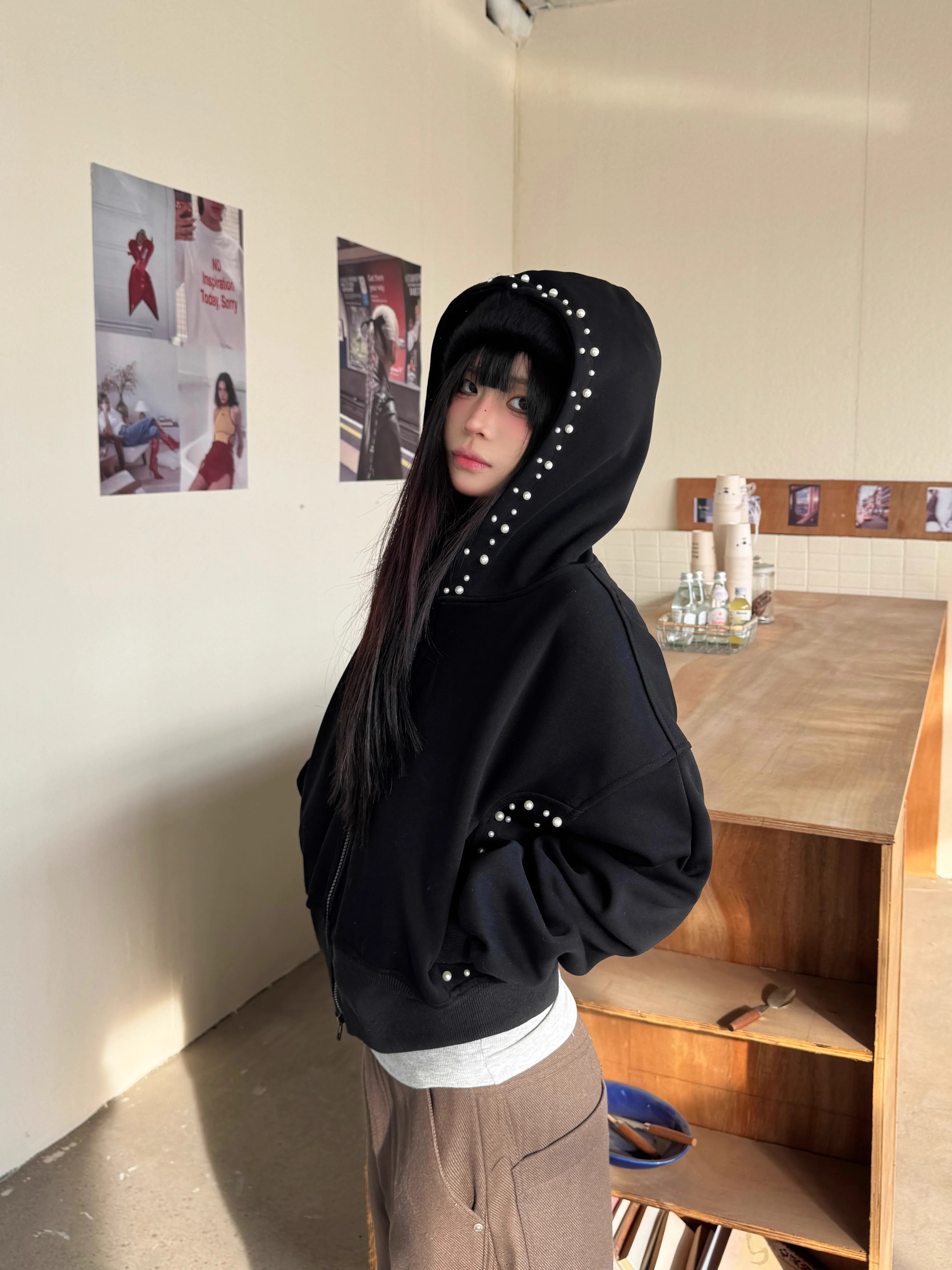 2025 Autumn Harajuku Black Jackets with Hooded Women Y2k Clothing Design Elegant American Retro Coats Korean Fashion