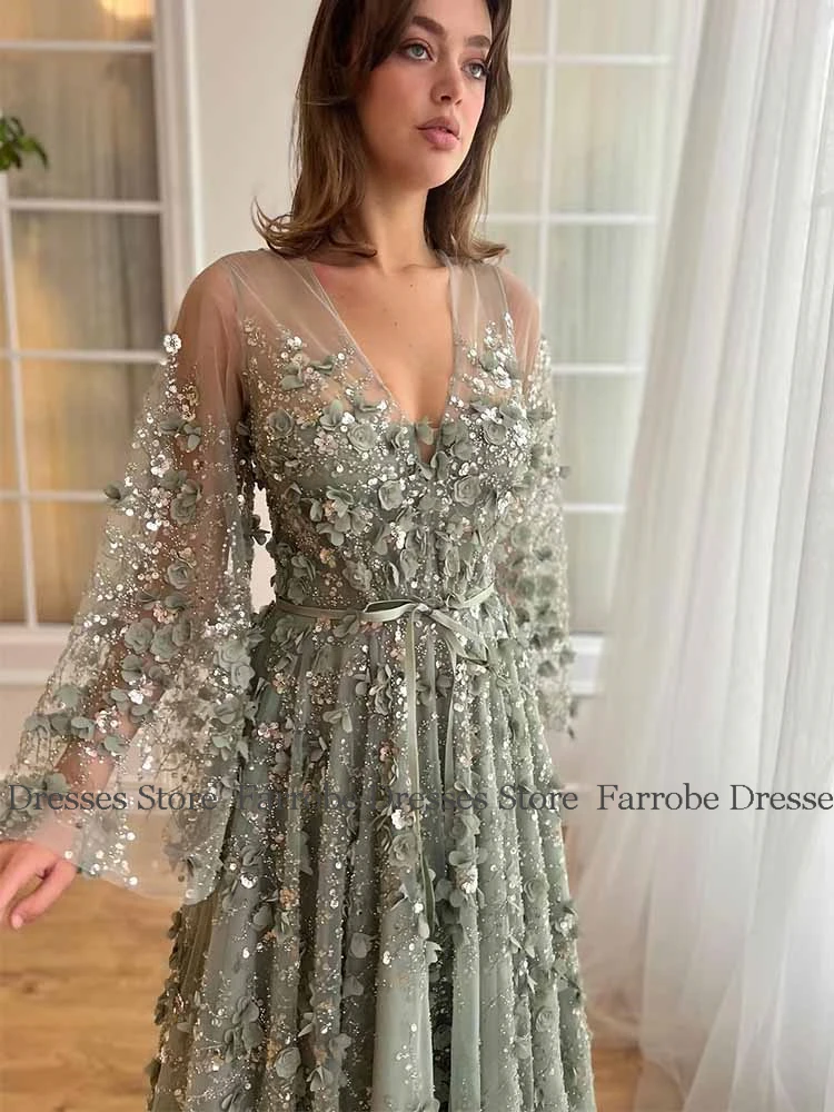 夢のような誕生日パーティー ドレス レース Aライン プロムドレス ジェイド Vネック アップリケ ベルト ラッフル スパンコール ホームカミングドレス ロング 2025