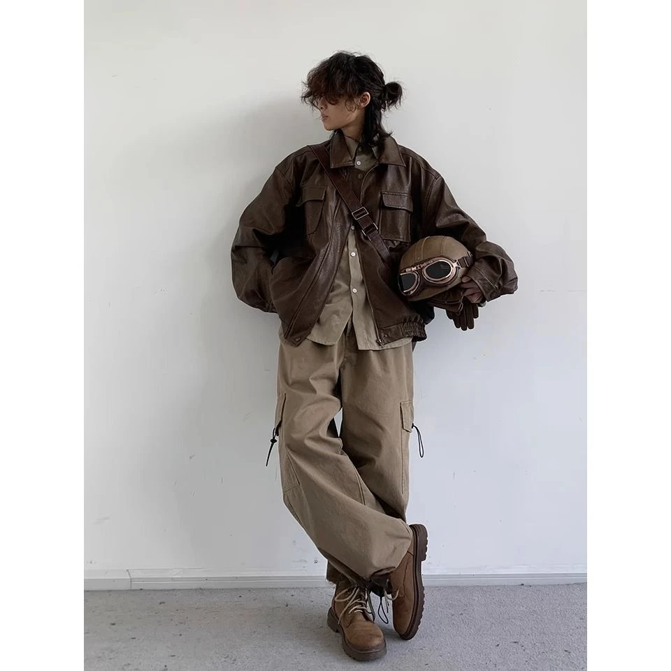 Korean style classic loose neutral brown leather jacket jacket for men and women Japanese loose straight overalls trendy brand