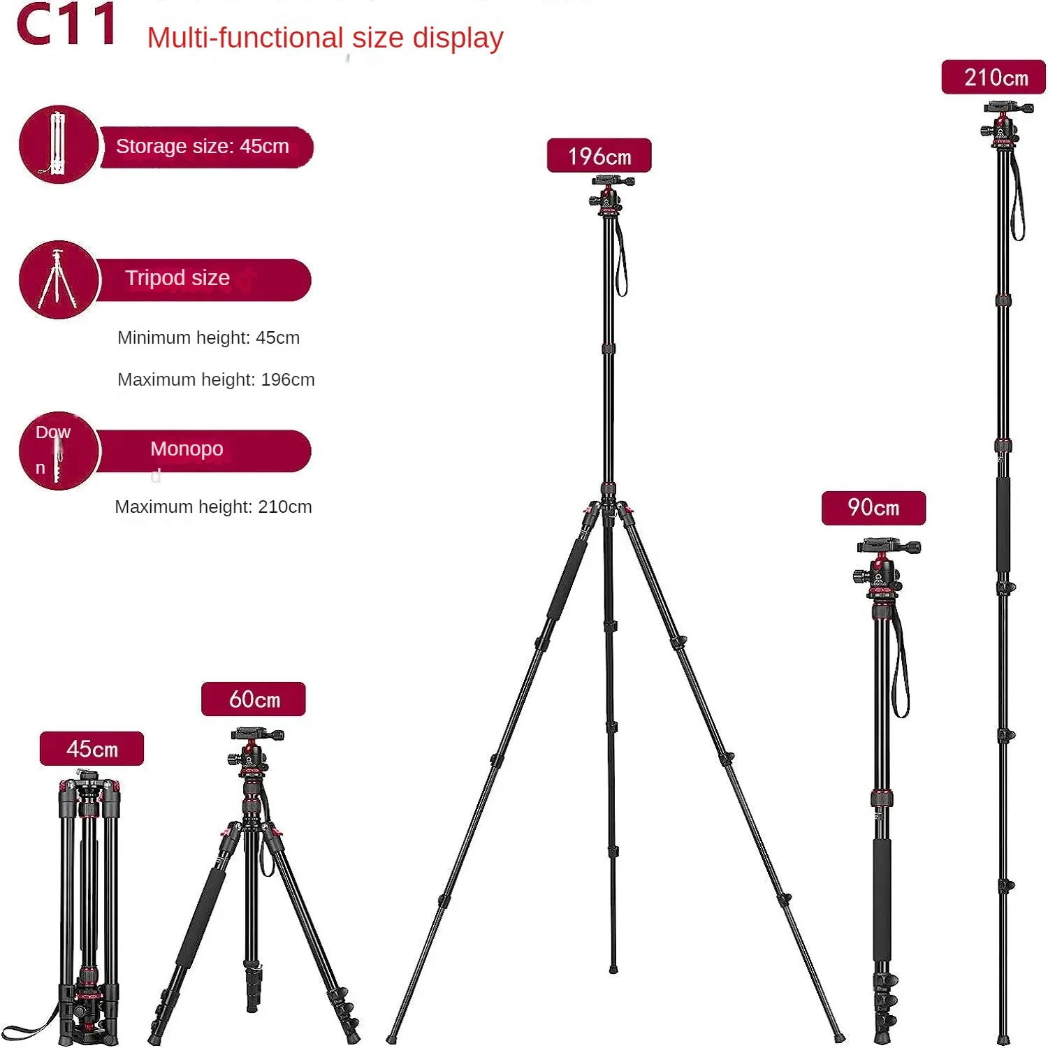 Camera Tripod C11 Stand 196CM Multi-Function Mobile Phone Live Broadcast Outdoor Portable Professional