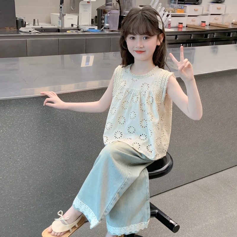 

Girls Summer Clothing Set Children White Tops Shirts+denim Pants Fashion Kids Children Casual Comfortable 2pcs Clothes