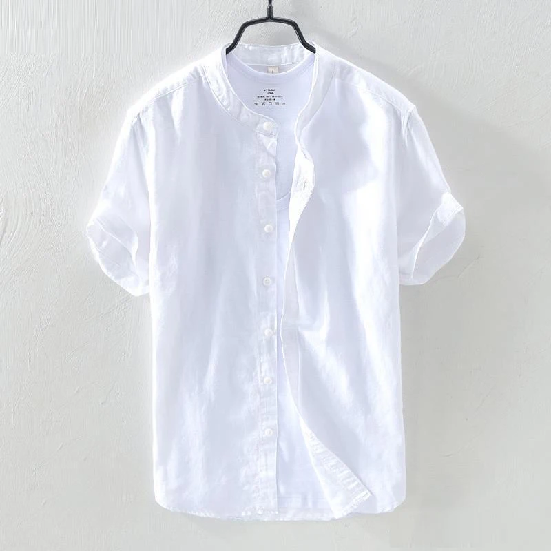 Men Retro Simple Casual Stand Collar Cotton Linen Button Shirts Summer Japanese Style Solid Short Sleeve Tops Camisas De Hombre