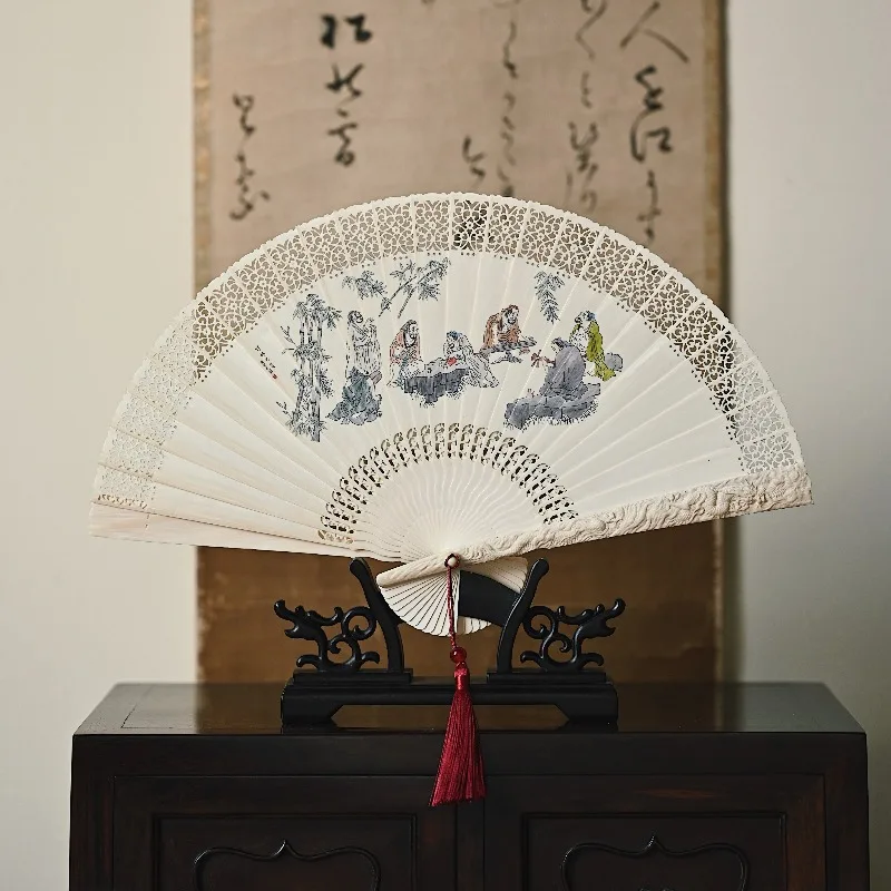 Mammoth "Seven Sages of Bamboo Forest" folding fan, ornament, cultural and play collection, handicraft decoration