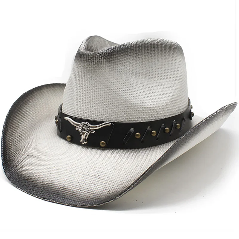 

Turquoise Band Casual Hollowed Out Women Men Unisex's Retro Raffia Straw Wide Brim Beach Cowboy Cowgirl Western Sun Hat (58cm)