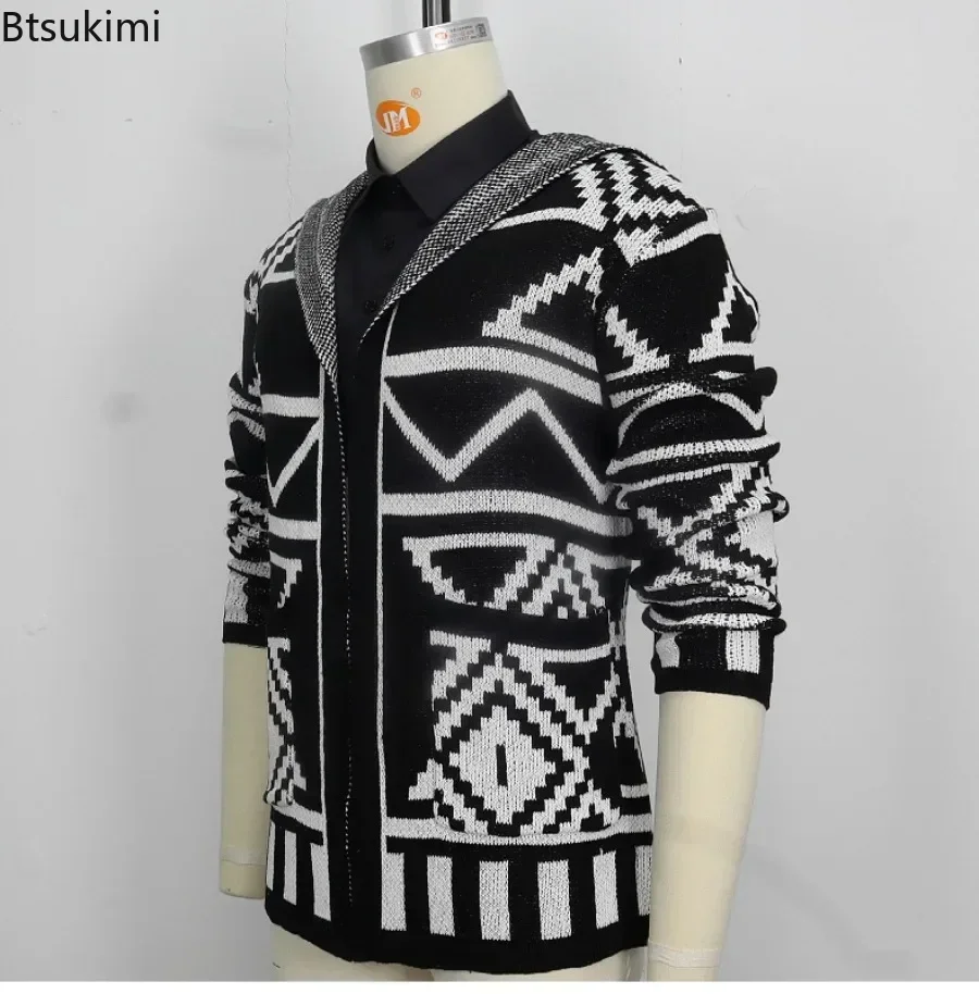 New Vintage Men's Sweater Autumn Winter Knitted Cardigan Sweater Mid-length Jacquard Knitwear Coats Man Clothing 2025 Streetwear