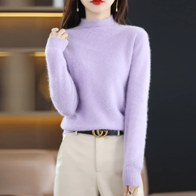 Autumn/Winter 100% Mink Cashmere Women's Slim And Warm Casual Knit Pullover Sweater With Rolled Hem Half Turtleneck