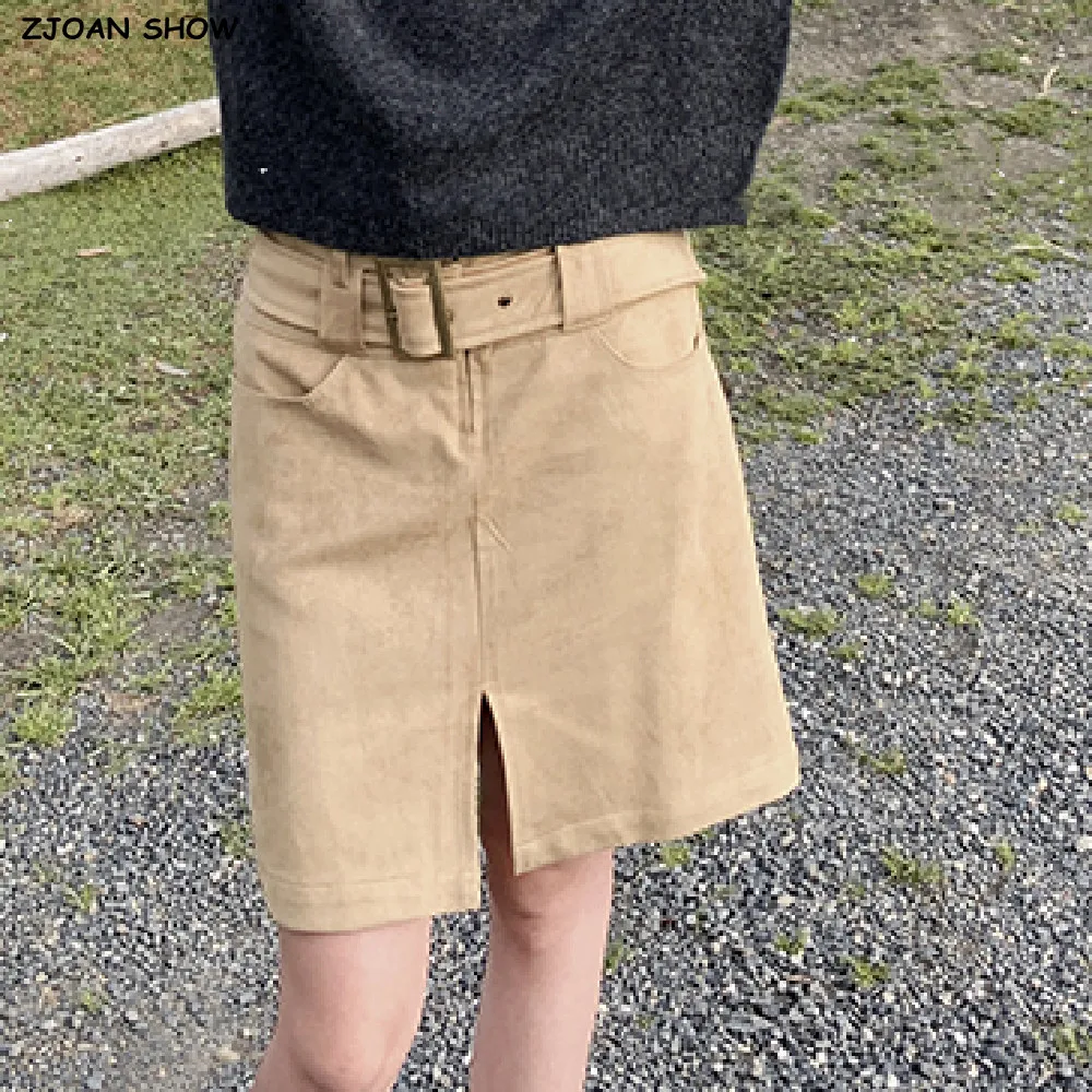 

Новая осенняя сексуальная замшевая юбка-карандаш с пряжкой на поясе и высокой талией для женщин длиной выше колена, посылка бедра, юбки с разрезом спереди, хаки