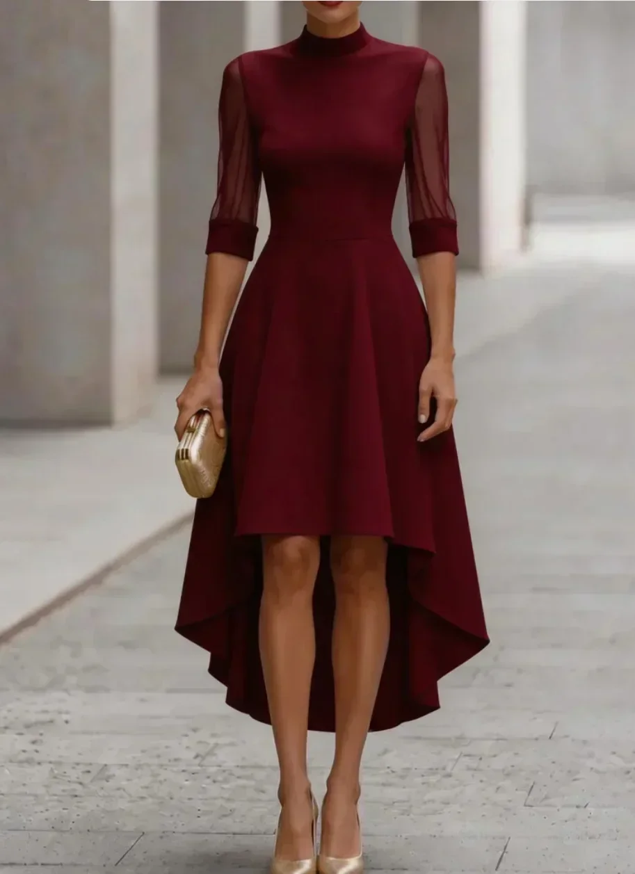 Damenkleid mit hohem Kragen, Midi-Länge, transparentem Netzstoff, 3/4-Ärmeln, asymmetrischem Saum, A-Linie, elegantes Partykleid für formelle Anlässe. – Detail 7